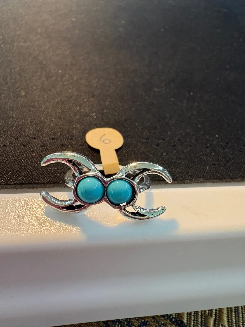 Silver-Tone Crescent Ring with Turquoise Cabochons Size 6